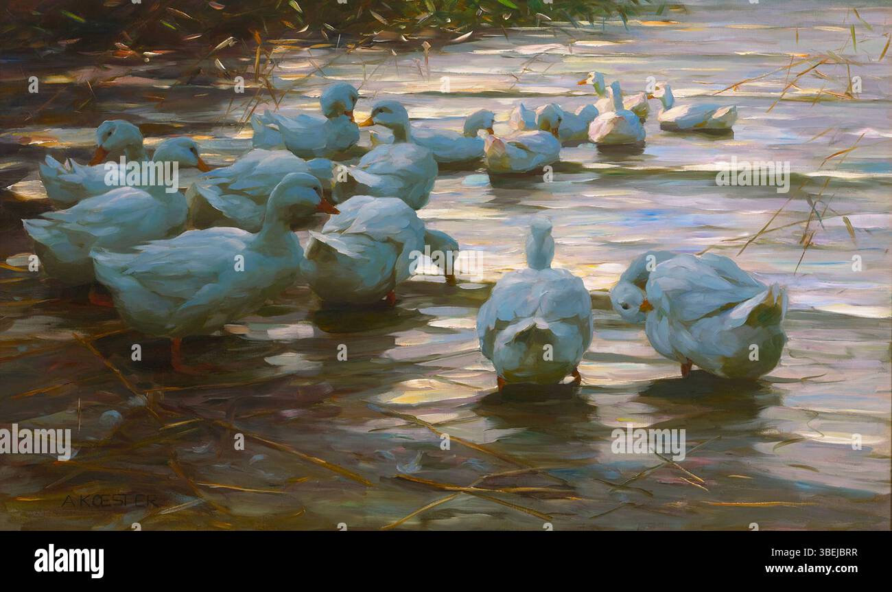 « Canards dans un étang » d'Alexander Koester, peint au début du XXe siècle, montre une scène d'étang tranquille avec des canards. La peinture souligne l'harmonie de la nature et la représentation habile de Koester de la faune dans son habitat naturel. Banque D'Images