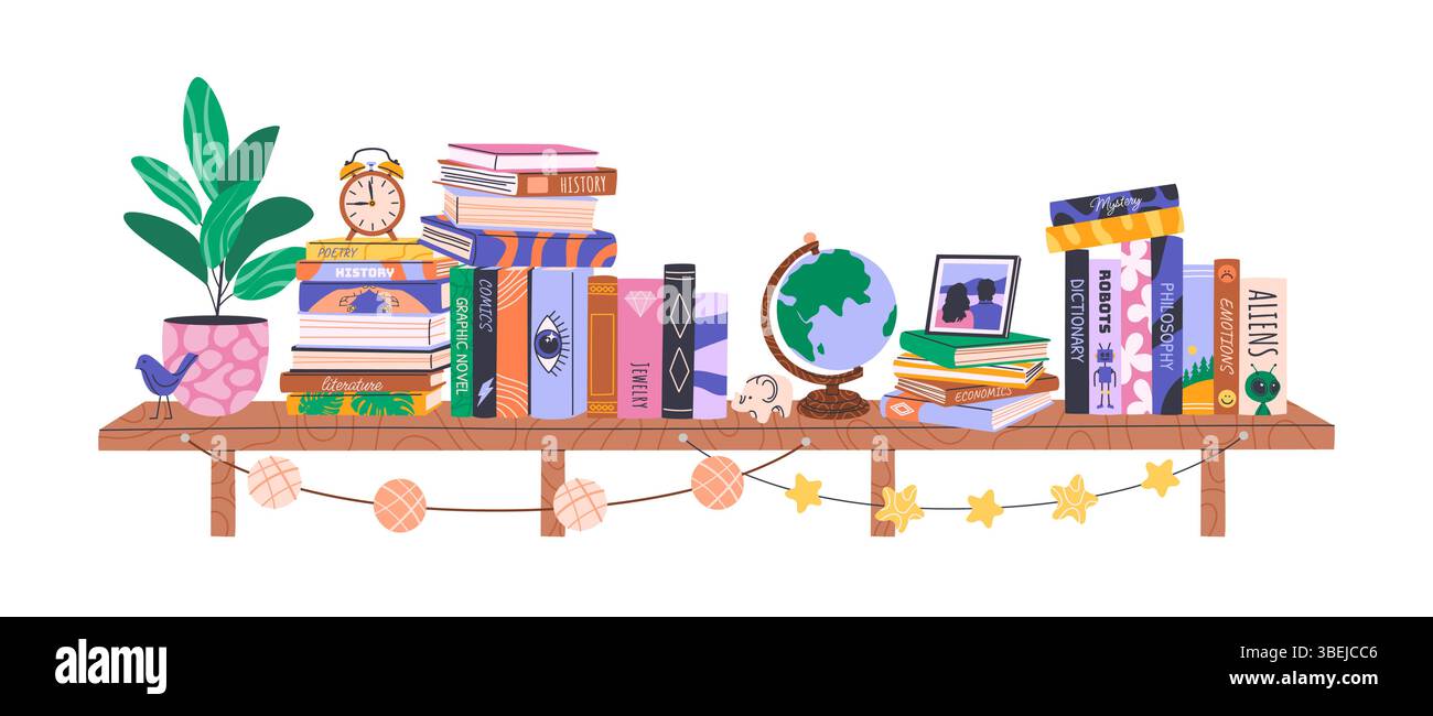 Piles de livres sur étagère. Bibliothèque personnelle. Illustration de Vecteur