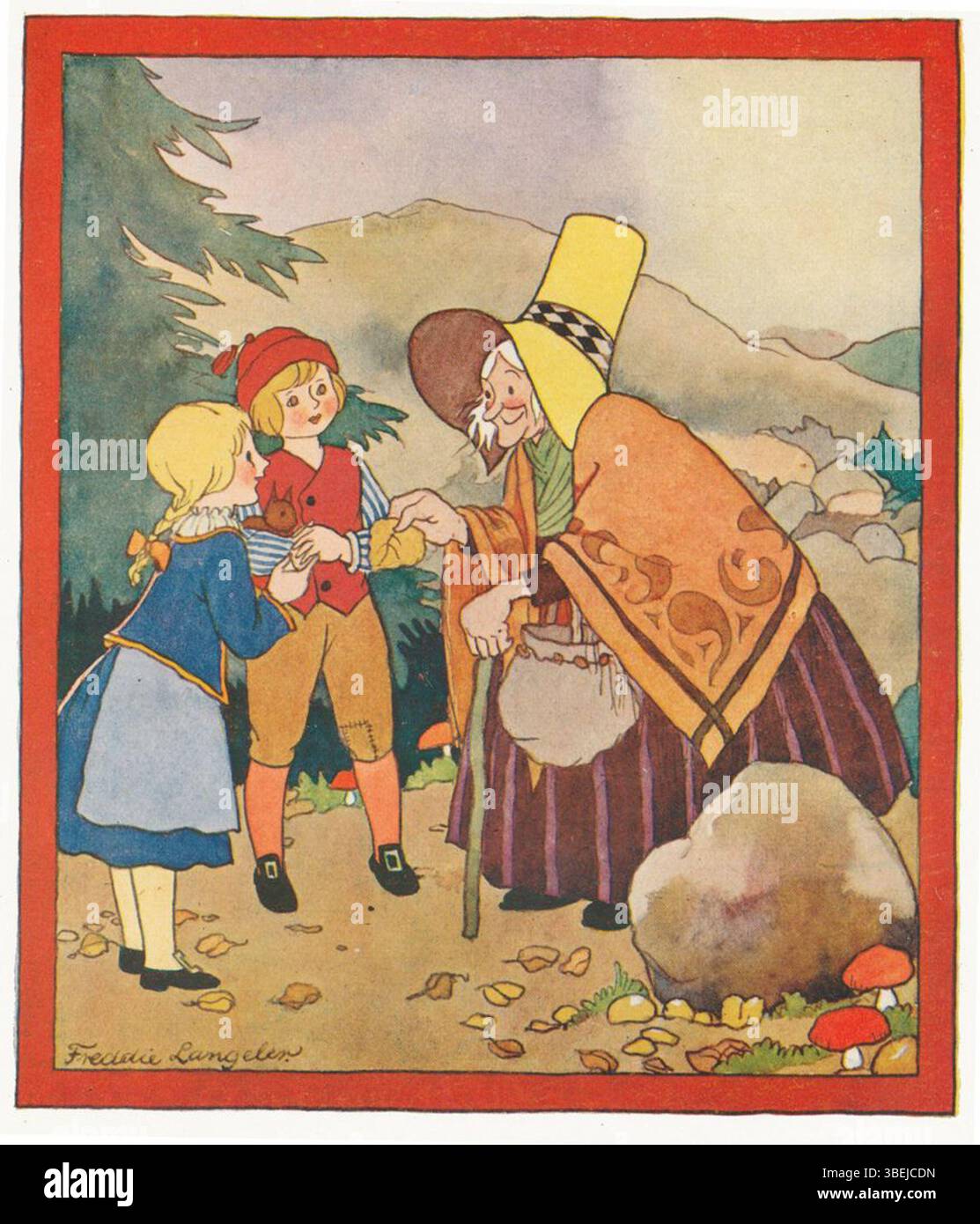 Hans en Grietje met de heks de Freddie Langeler (Hansel et Gretel avec la sorcière) illustre le célèbre conte de fées des Frères Grimm. L'interprétation de Langeler de l'histoire, avec ses visuels sombres mais colorés, donne vie aux personnages classiques de Hansel, Gretel et la sorcière dans son style d'illustration distinct, qui fait partie de son travail plus large sur la littérature néerlandaise pour enfants. Banque D'Images