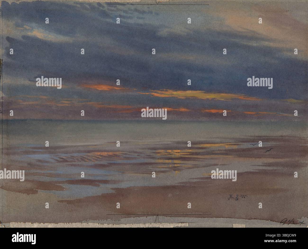 La peinture aquarelle de Harold Broadfield Warren « Beach at Sunset », créée vers 1899, mesure 6 13/16 x 9 7/8 po. (17,3 x 25,1 cm). Il fait partie de la collection commémorative Morton et Marie Bradley au Musée Eskenazi d'Art. Banque D'Images