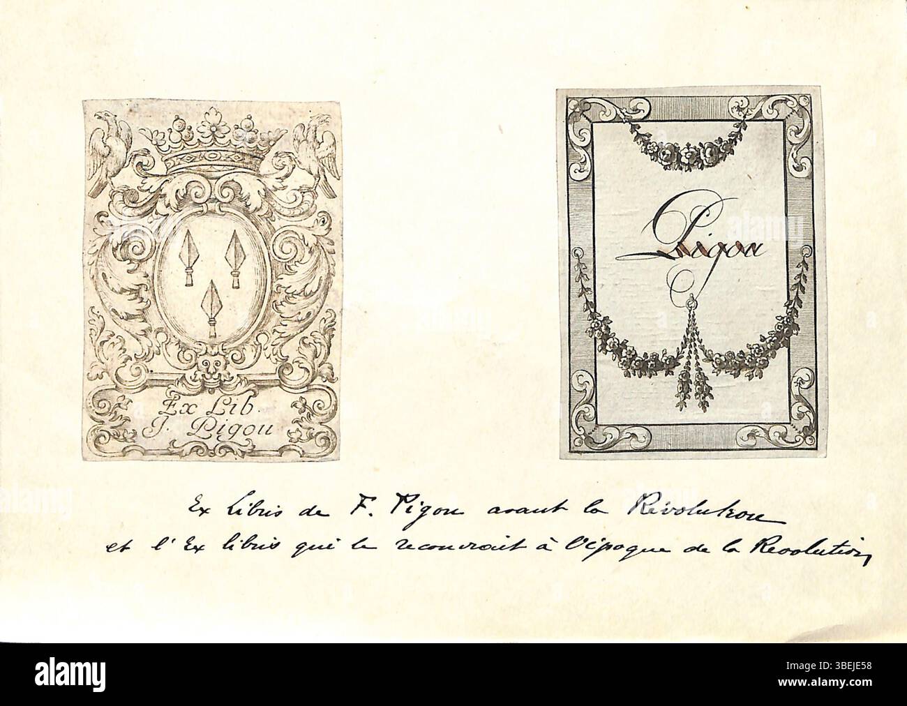 L'ex Libris de la famille Pigou se compose de deux dessins : l'un de l'ancien régime avec les armoiries de la famille et l'autre de la période de la Révolution française, modifié pour refléter les changements politiques. Cette œuvre a été créée par un graveur anonyme en 1789. Banque D'Images L'ex Libris de la famille Pigou se compose de deux dessins : l'un de l'ancien régime avec les armoiries de la famille et l'autre de la période de la Révolution française, modifié pour refléter les changements politiques. Cette œuvre a été créée par un graveur anonyme en 1789. Banque D'Images
