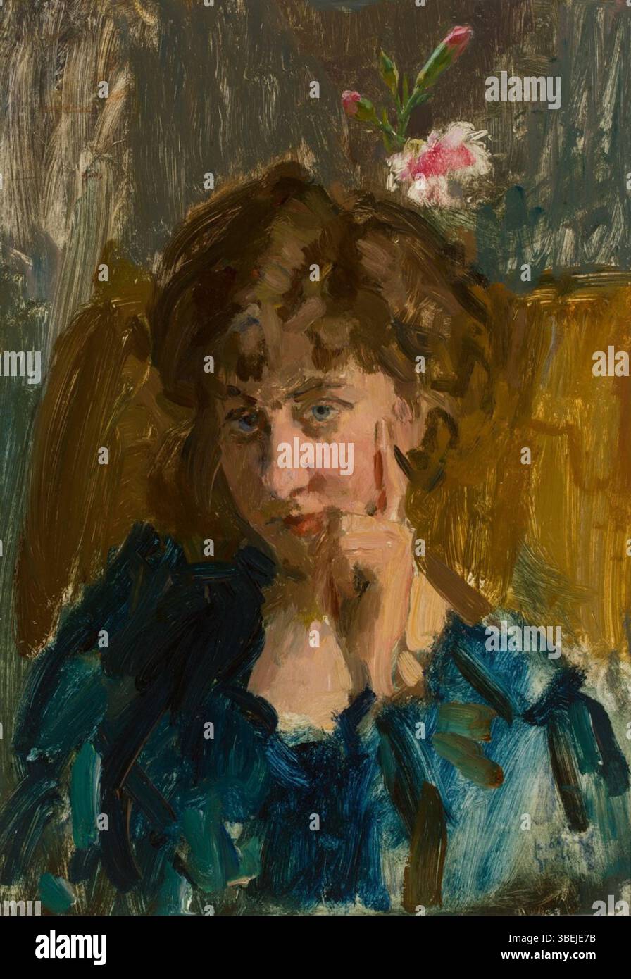 L'écrivain JO de Wit d'Isaac Israëls (1865-1934) représente l'artiste JO de Wit dans une pose contemplative et détendue. Le portrait met en évidence la capacité de Israëls à capturer la vie quotidienne et l’expression personnelle. Banque D'Images