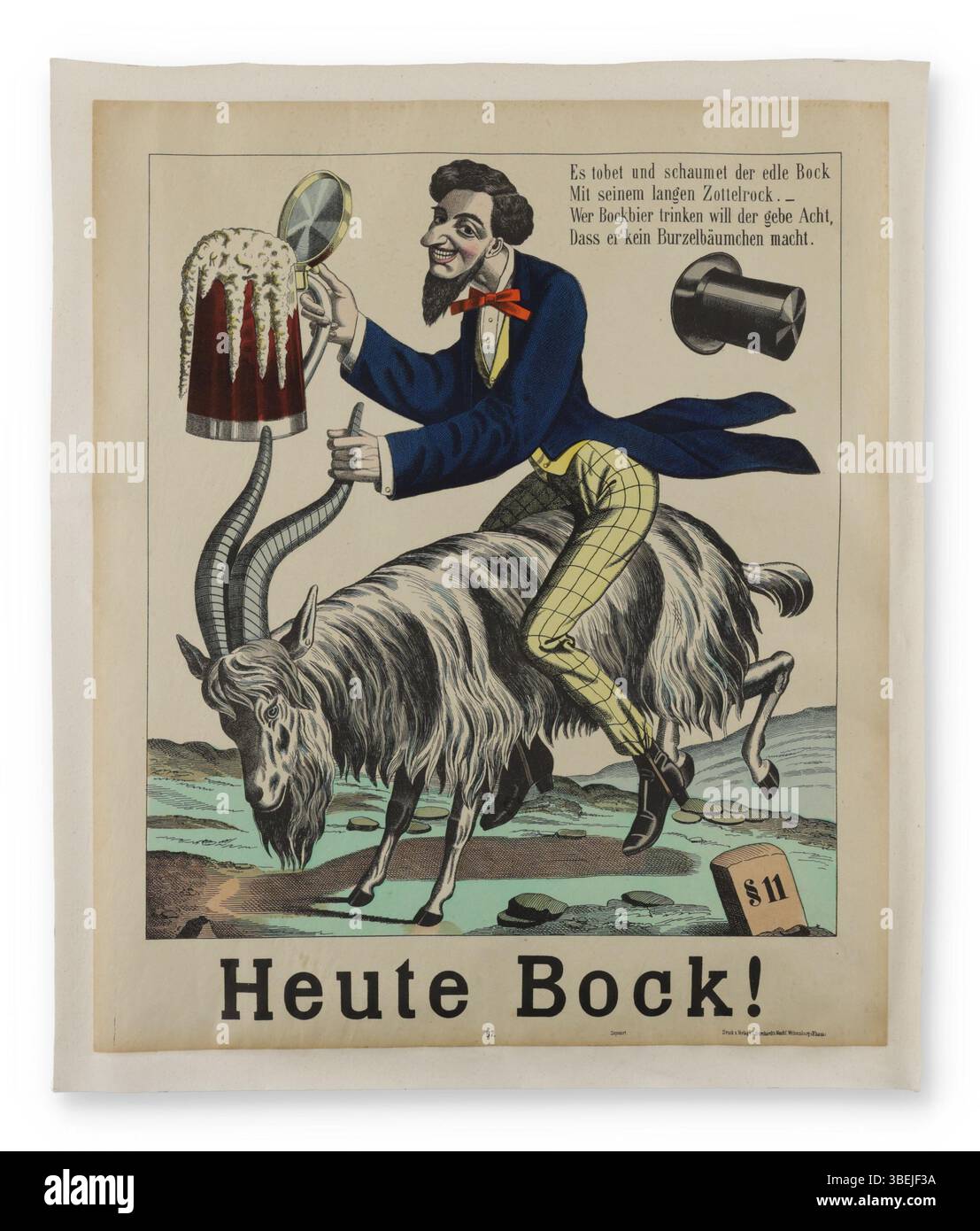 Cette affiche du début du XXe siècle, conçue par un artiste anonyme, promeut la phrase *Heute Bock !* (Today’s Buck !) Et a été imprimé en Allemagne vers 1900-1910. Le design est une représentation du commercial allemand du début du XXe siècle Banque D'Images