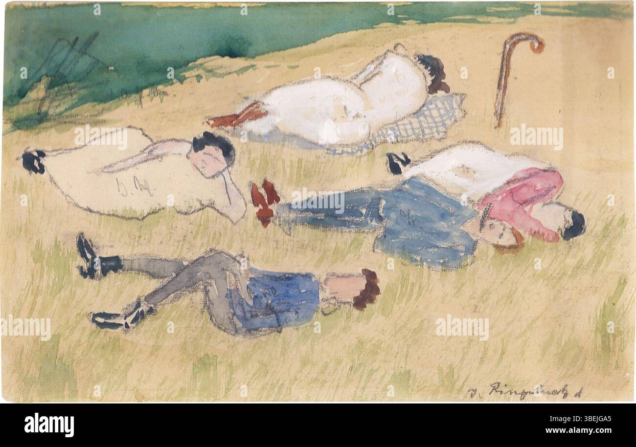 'Ruhende im Park' (se reposer dans le parc) est une peinture de Joachim Ringelnatz datant d'environ 1923. L'œuvre représente une scène sereine d'une figure reposant dans un parc, mettant en valeur le style distinctif de Ringelnatz. Connue pour ses compositions simples mais évocatrices, la pièce capture la tranquillité avec des lignes et des couleurs subtiles. Banque D'Images