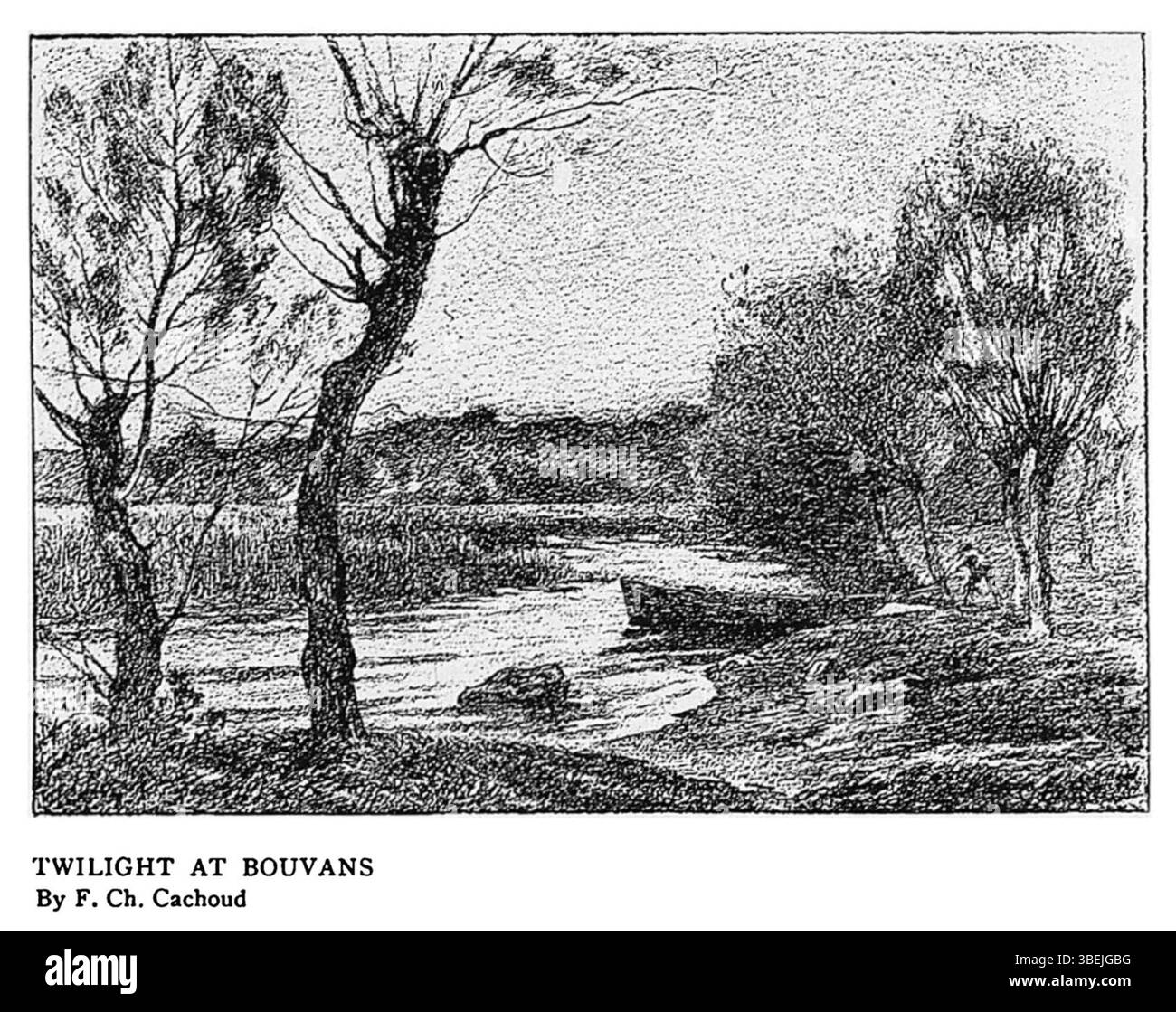 Le crépuscule à Bouvans de François Cachoud (1906) est une reproduction à la plume et à l’encre d’un tableau exposé pour la première fois au salon de Paris de 1901. L'œuvre reflète le style impressionniste et a été publiée dans 'salon Pictures in Line' en 1902. Banque D'Images