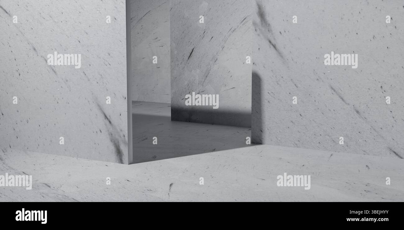 Pièce minimale en béton avec des murs géométriques et des ombres douces, offrant un fond moderne et abstrait idéal pour les maquettes de design, les thèmes d'architecture ou Banque D'Images