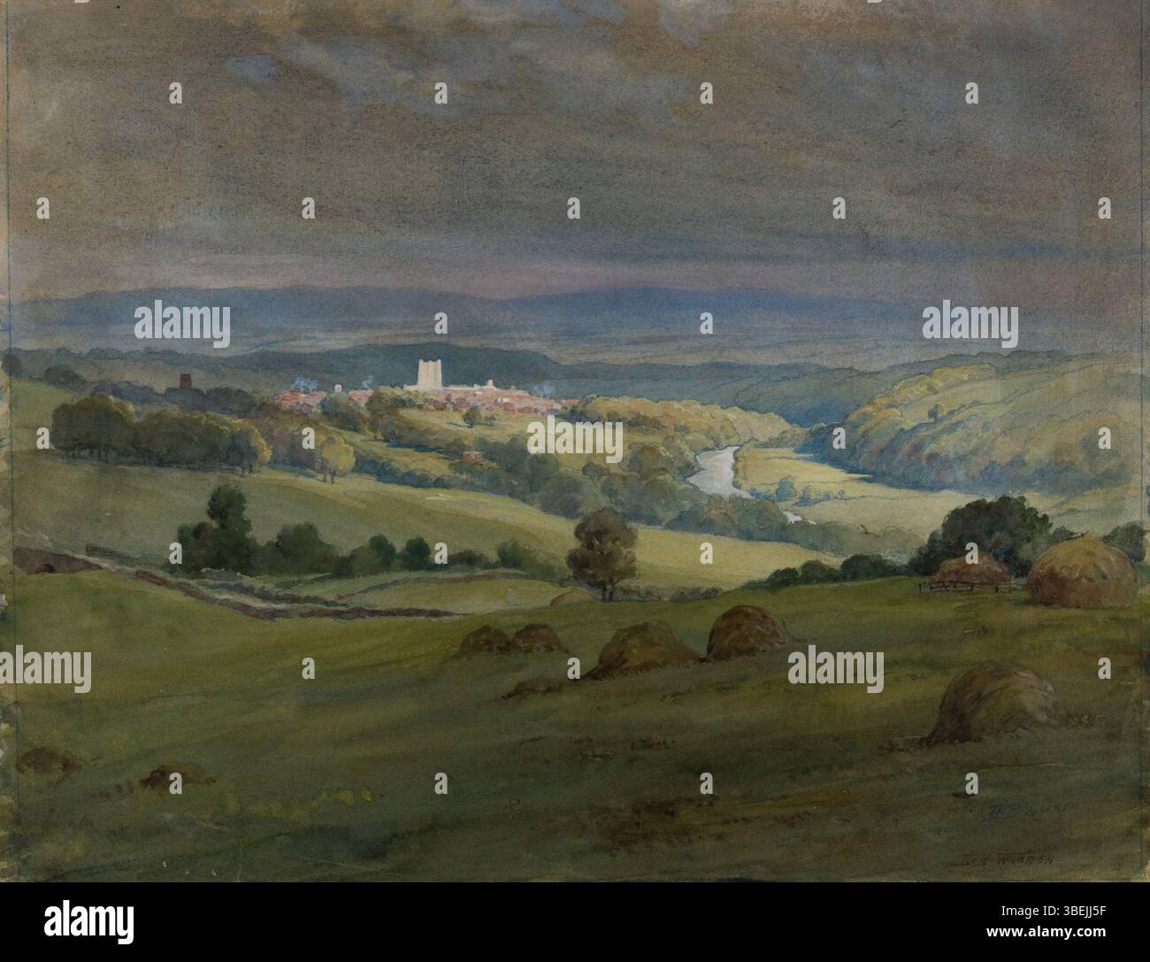 Cette aquarelle du XIXe siècle réalisée par Harold Broadfield Warren représente un paysage anglais avec des meules de foin sous un ciel nuageux. L'œuvre, mesurant 14 7/8 x 18 7/8 pouces, fait partie de la Morton and Marie Bradley Memorial Collection au Eskenazi Museum of Art, Université de l'Indiana, offrant un aperçu de la vie rurale de cette période. Banque D'Images Cette aquarelle du XIXe siècle réalisée par Harold Broadfield Warren représente un paysage anglais avec des meules de foin sous un ciel nuageux. L'œuvre, mesurant 14 7/8 x 18 7/8 pouces, fait partie de la Morton and Marie Bradley Memorial Collection au Eskenazi Museum of Art, Université de l'Indiana, offrant un aperçu de la vie rurale de cette période. Banque D'Images