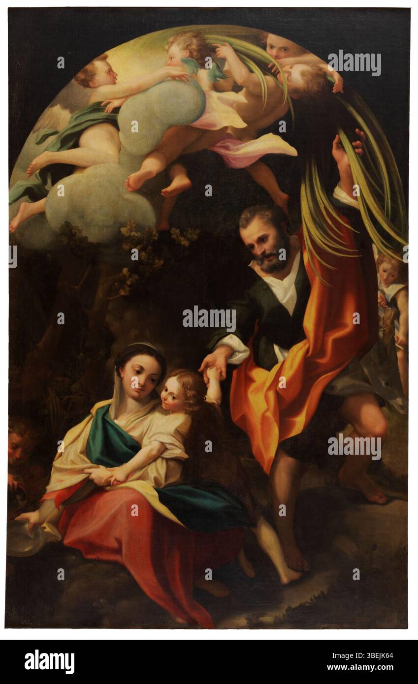 Ce tableau du XVIe siècle, attribué à Antonio da Correggio, représente la Vierge Marie au repos pendant la fuite en Égypte, avec le Christ dans ses bras. Connue sous le nom de « Madonna della Scodella », la peinture est un portrait serein du voyage de la Sainte famille, mettant en valeur l'éclairage doux et la profondeur émotionnelle de Correggio. Banque D'Images