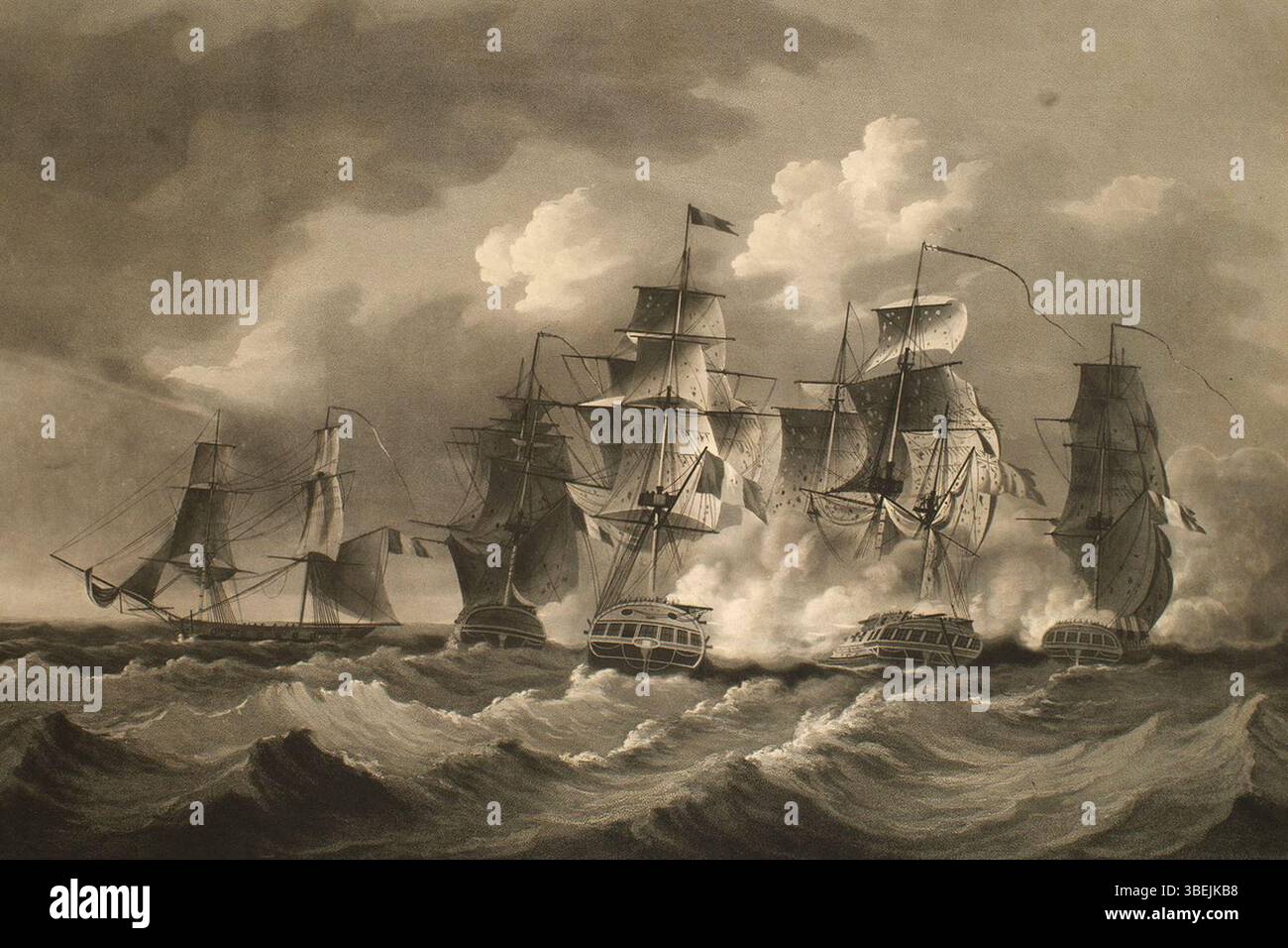 La peinture de George Henry Andrews d'avant 1898 représente l'engagement naval de 1805 au large de Porto Rico où une escadron français sous les ordres de Baudin intercepte et brûle la frégate britannique HMS Blanche. Banque D'Images