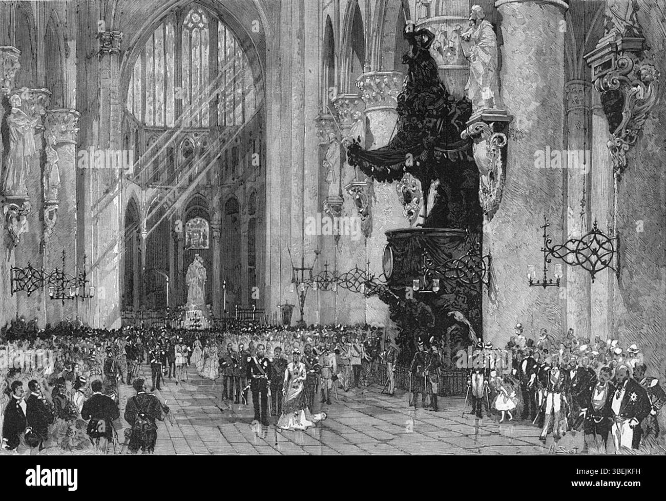 Cette gravure commémore l'anniversaire de mariage en argent du roi Léopold II de Belgique et de la reine Marie-Henriette, célébré le 22 août 1878. L'image reflète la grandeur de l'événement royal. Banque D'Images