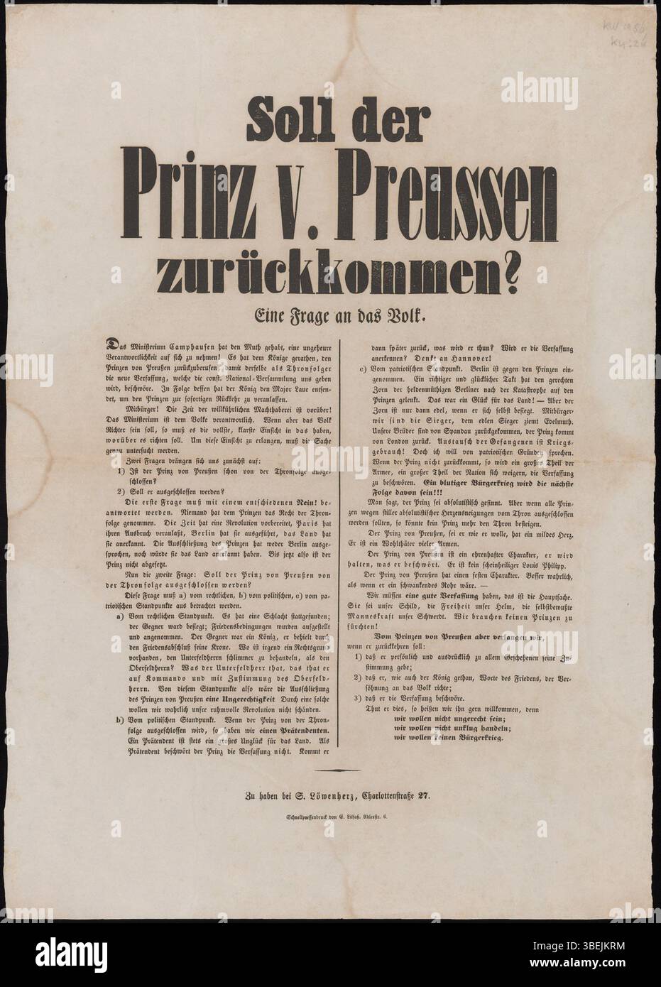 Un imprimé politique demandant si le prince de Prusse devait revenir, publié au XIXe siècle. L'estampe reflète le discours politique de l'époque concernant le retour potentiel du prince au pouvoir. Banque D'Images