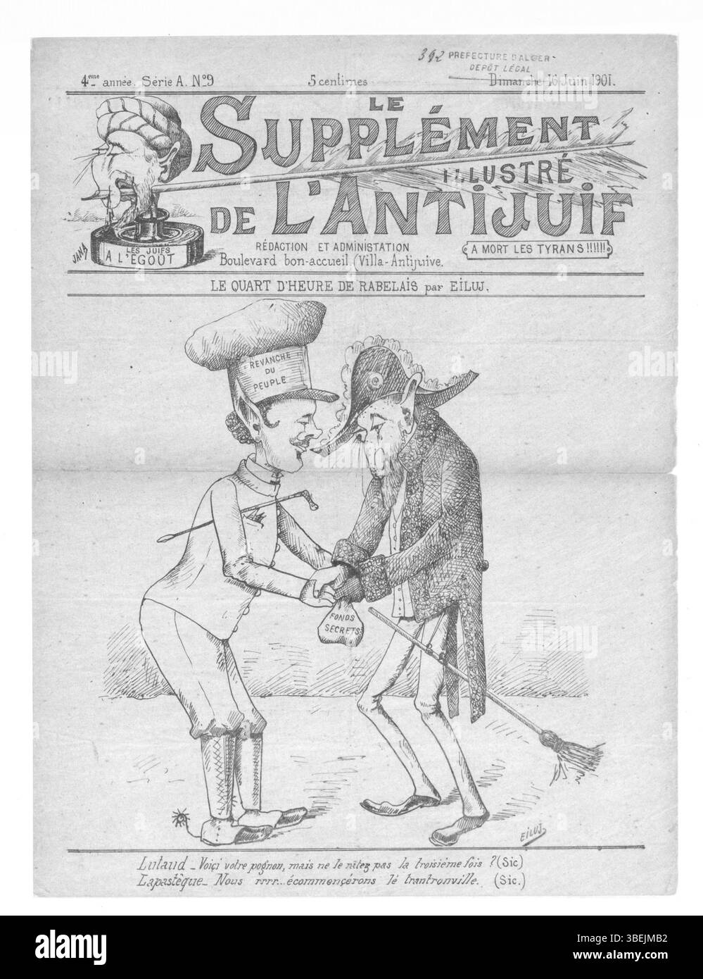 L'édition du 16 juin 1901 du supplément « L'Antijuif algérien » continue d'explorer les thèmes antisémites en Algérie, fournissant un aperçu plus approfondi du traitement et de la représentation des Juifs dans la société française du début du XXe siècle. Banque D'Images