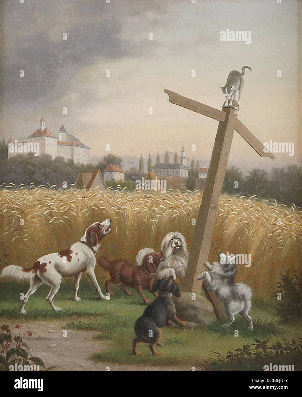 Cette peinture à l'huile, intitulée 'Dog and Cat and Heavenly support', a été créée par l'artiste R. Gregorius vers 1900. La peinture représente un chien et un chat sous la protection divine. Il est signé et huile sur toile, mesurant 50 x 40 cm. Banque D'Images