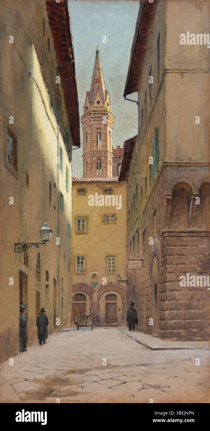 Dans cette aquarelle de 1907-1917, Harold Broadfield Warren dépeint une scène de rue à Florence, en Italie, intitulée « via de Cimatore ». La peinture fait partie de la collection Morton et Marie Bradley Memorial au Musée Eskenazi d'Art. Il est encadré dans un cadre en bois d'époque. Banque D'Images Dans cette aquarelle de 1907-1917, Harold Broadfield Warren dépeint une scène de rue à Florence, en Italie, intitulée « via de Cimatore ». La peinture fait partie de la collection Morton et Marie Bradley Memorial au Musée Eskenazi d'Art. Il est encadré dans un cadre en bois d'époque. Banque D'Images