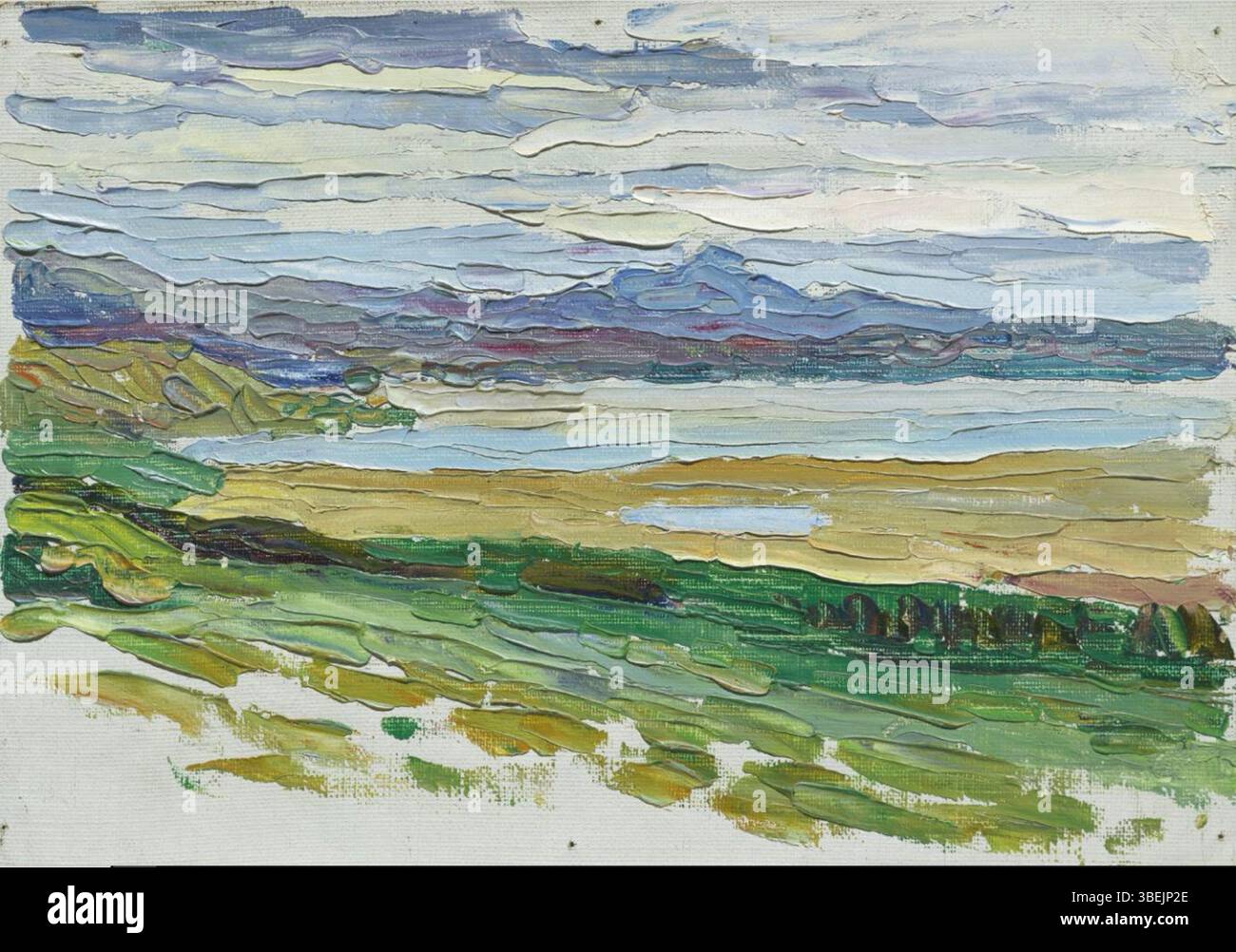 'Tunis - la Baie' de Wassily Kandinsky capture une vue de la baie de Tunis, caractérisée par des formes géométriques audacieuses et une utilisation unique de la couleur. La peinture reflète la transition de Kandinsky de l'art figuratif à l'art abstrait, mélangeant ses premières influences avec son accent ultérieur sur l'abstraction et l'expressionnisme. Banque D'Images