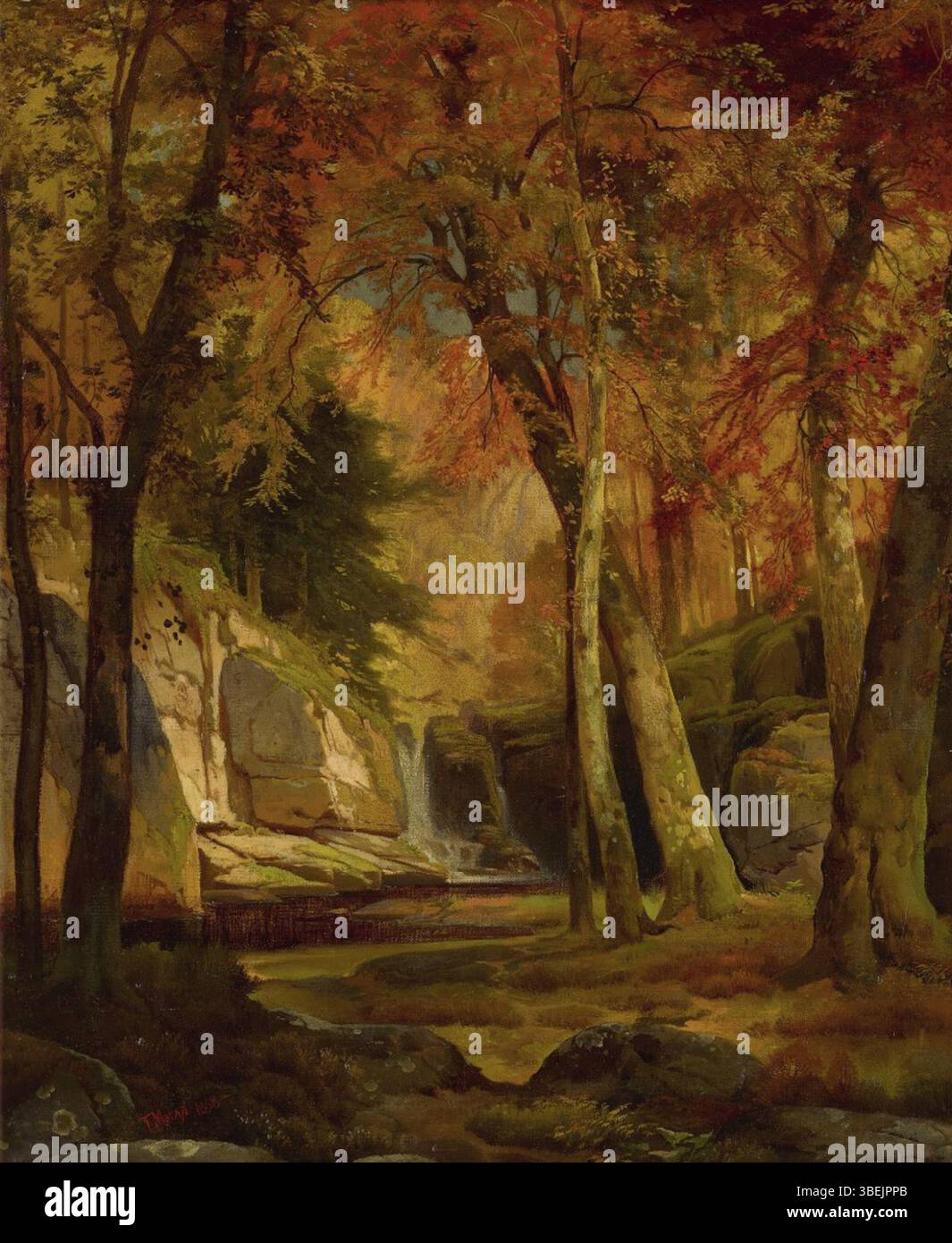 Dans 'Autumn Wood Scene', Thomas Moran capture les riches couleurs et textures de l'automne dans un paysage boisé. La peinture, réalisée à la fin du XIXe siècle, met en évidence son habileté à décrire les changements saisonniers et les effets atmosphériques dans la nature. Banque D'Images