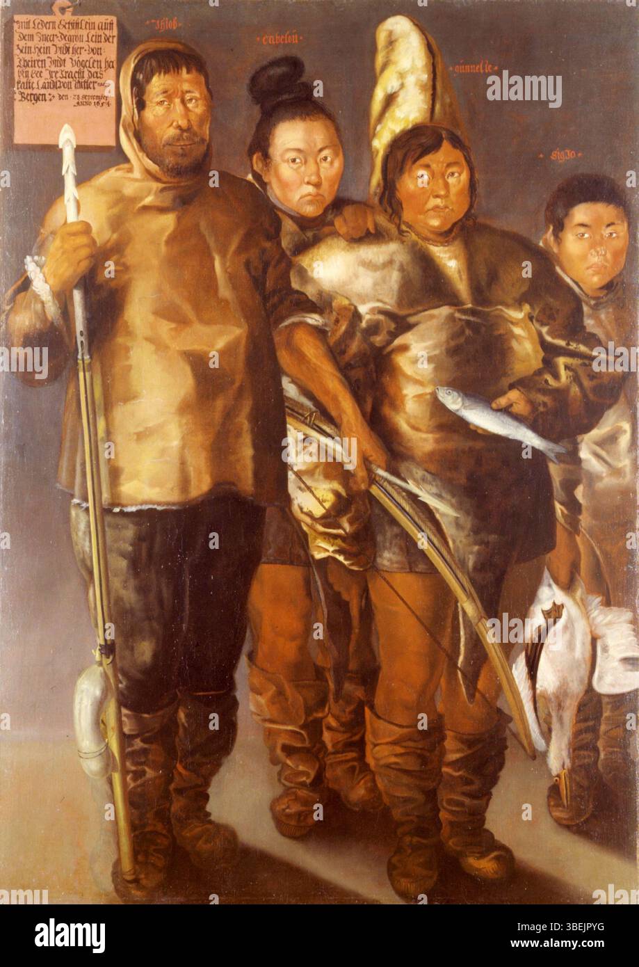 Cette peinture à l'huile de 1654 représente quatre Groenlandais de l'Ouest vêtus de vêtements traditionnels. L'œuvre est l'une des premières représentations connues des Inuits, mettant en valeur leur tenue vestimentaire et leur patrimoine culturel au XVIIe siècle. Banque D'Images