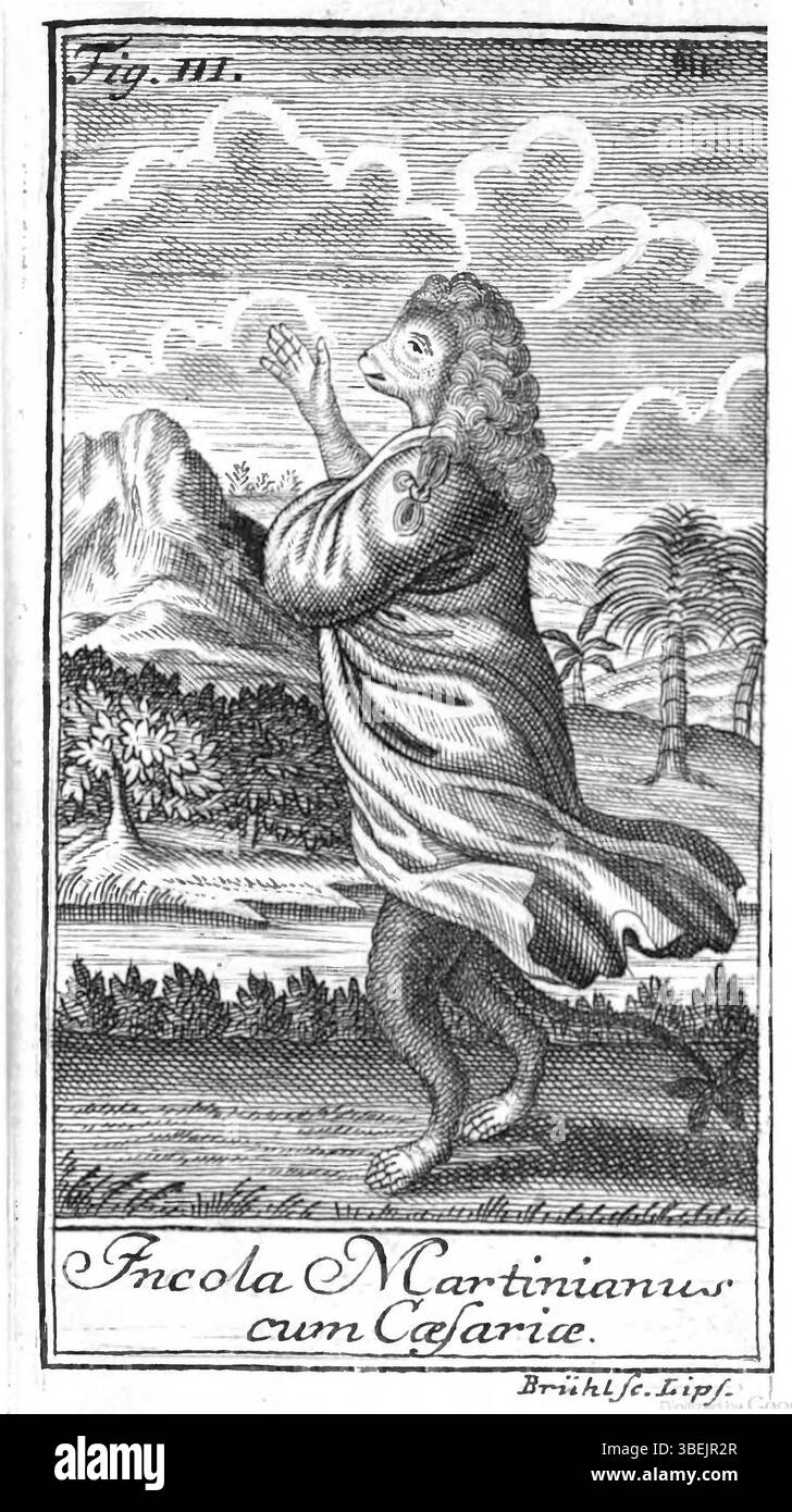 Dans *ITER Subterraneum* de Nicolai Klimii (1742), l’habitant de mars, un personnage martien, interagit avec une figure impériale, illustrant les interactions entre forces extraterrestres et impériales dans un monde souterrain. Banque D'Images