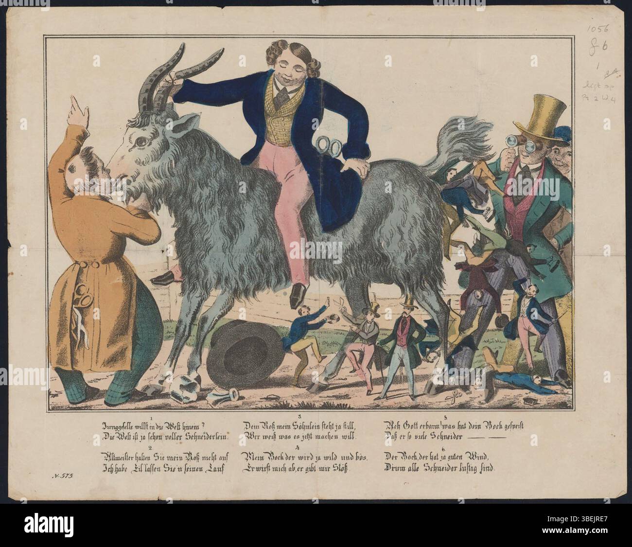 Cette estampe du XIXe siècle critique avec humour l'idée que les célibataires entrent dans le monde, en utilisant un poème léger sur les tailleurs. Il reflète l'esprit de l'humour allemand du XIXe siècle. Banque D'Images