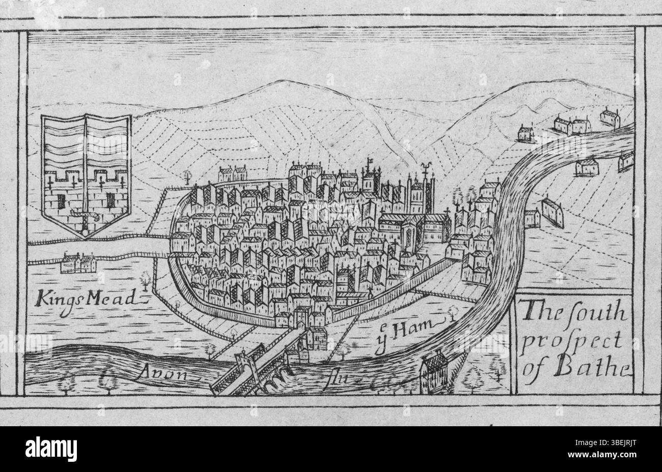 Cette représentation de Bath en 1673 a été utilisée inchangée dans la carte de Bristol de James Millerd en 1728. La carte capture le paysage architectural et urbain de Bath au XVIIe siècle, montrant les bâtiments, les rues et la rivière qui définissait la ville à l'époque. Banque D'Images