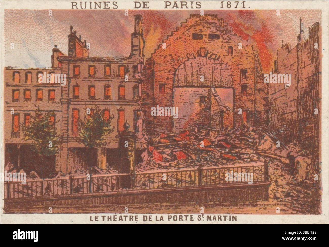 Tirage chromo représentant les ruines de Paris en 1871, mettant l'accent sur le Théâtre de la porte Saint-Martin. Publié par magasins au coin de Rue au XIXe siècle. Banque D'Images