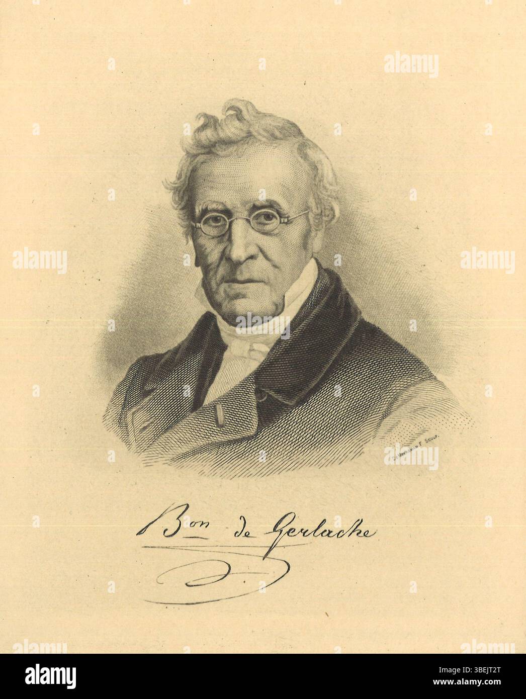 Le titre fait référence à Etienne-Constantin Baron de Gerlache, avec la gravure réalisée par F. de Meersman. L'œuvre date du XIXe siècle et détaille le portrait du baron. Banque D'Images
