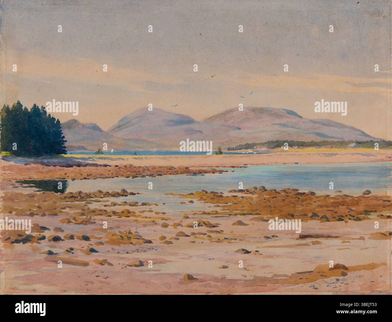 La peinture aquarelle de Harold Broadfield Warren 'Mount Desert from Cranberry Island', créée entre 1911 et 1921, mesure 9 3/8 pouces. (23,8 cm). Il fait partie de la collection commémorative Morton et Marie Bradley au Musée Eskenazi d'Art. Banque D'Images La peinture aquarelle de Harold Broadfield Warren 'Mount Desert from Cranberry Island', créée entre 1911 et 1921, mesure 9 3/8 pouces. (23,8 cm). Il fait partie de la collection commémorative Morton et Marie Bradley au Musée Eskenazi d'Art. Banque D'Images