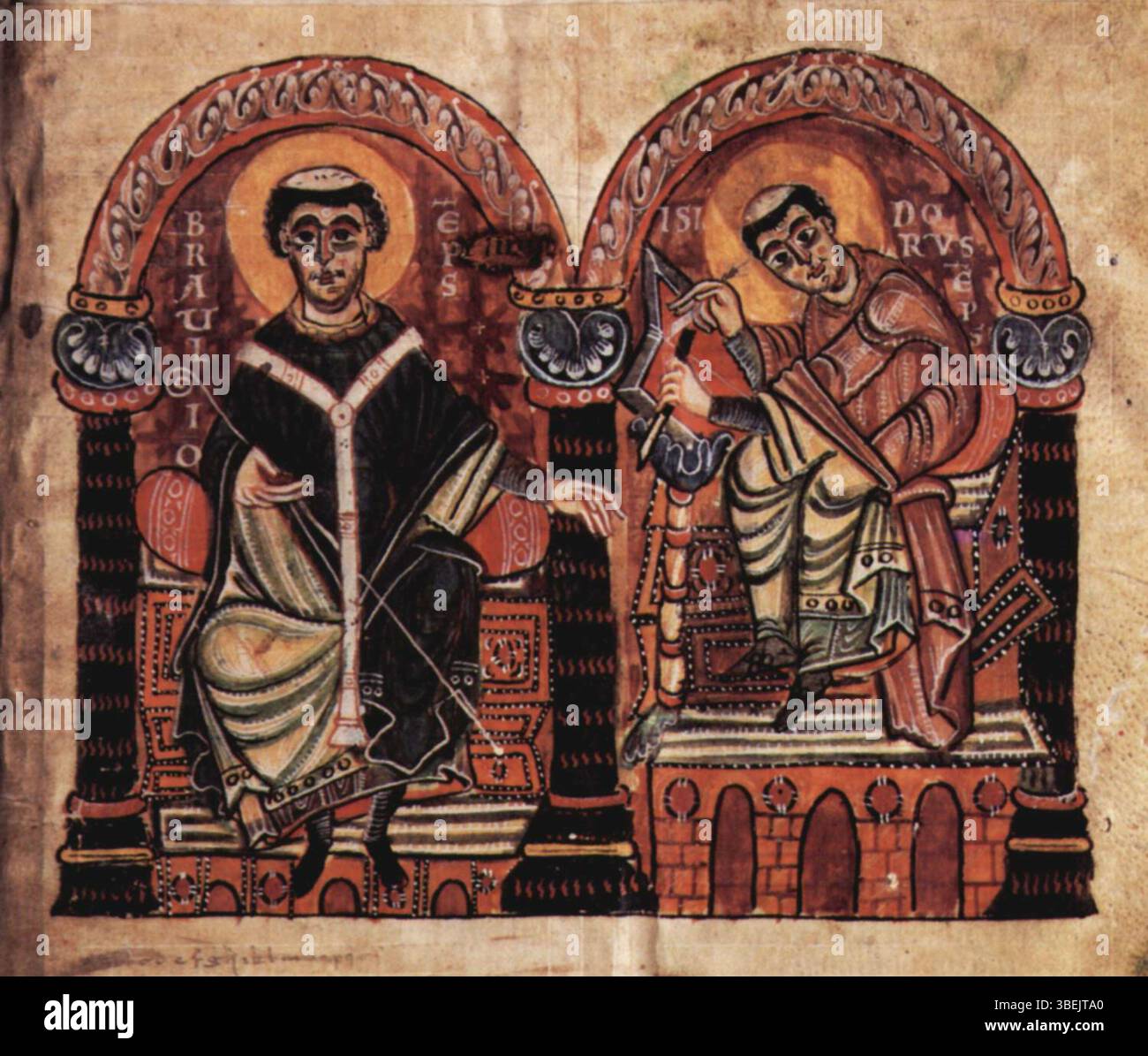 Cette peinture du Xe siècle de l'« Isidori libri originum » de Meister des Codex 167 représente une scène avec Mgr Braulio et Isidore de Séville. Il reflète les thèmes religieux et intellectuels prévalant au moyen âge. Banque D'Images