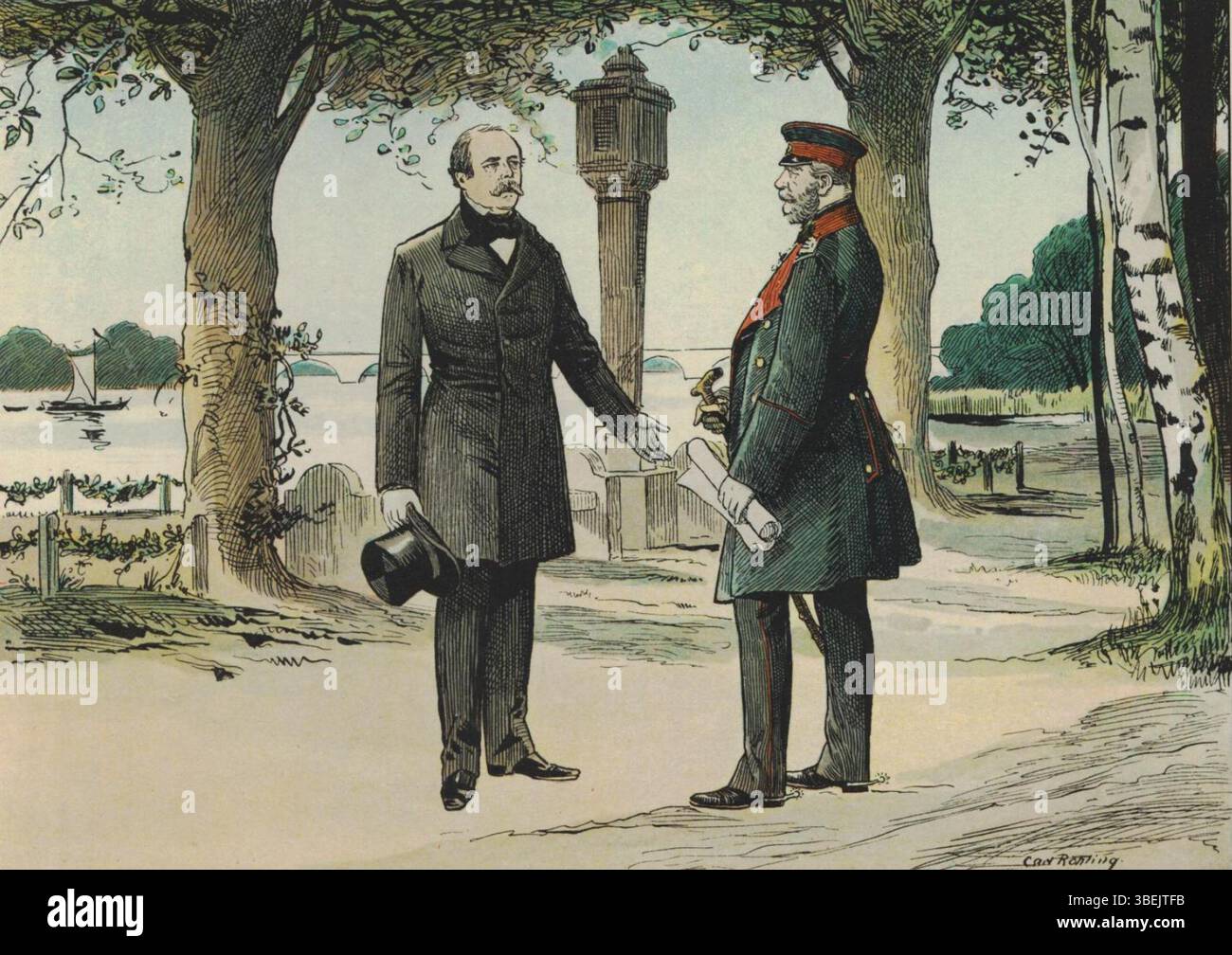Cette illustration de Carl Röhling représente Wilhelm Ier en conversation avec Otto von Bismarck lors de leur rencontre le 22 septembre 1862. L'image fait partie de la collection 'Die Hohenzollern in Bild und Wort' publiée en 1899, reflétant l'histoire politique de la Prusse. Banque D'Images