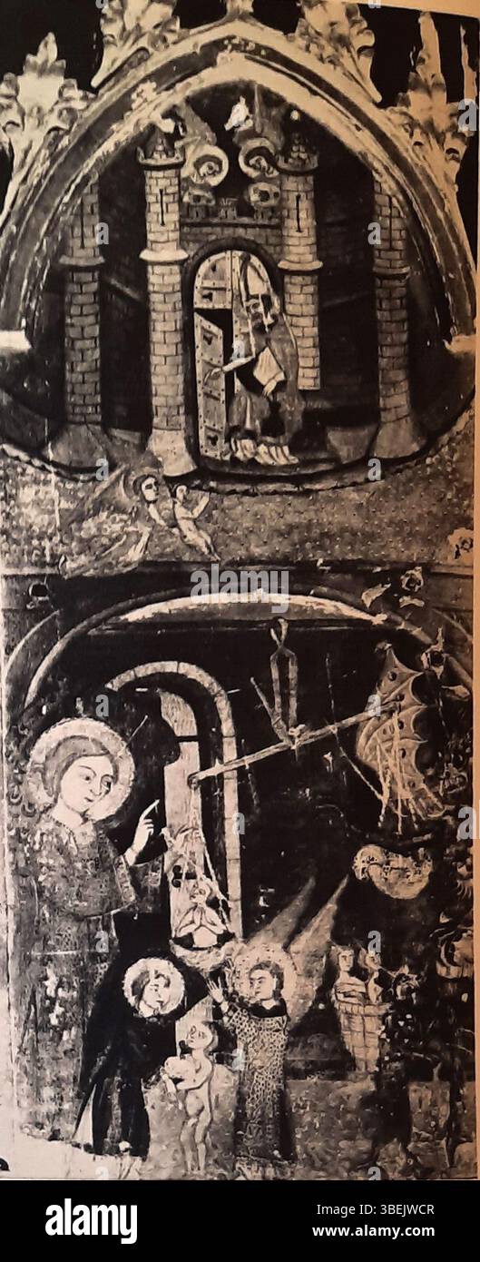 Le Retaule d'Elna, peint par le Mestre d'Elna en 1380, présente une scène de la pesée des âmes (jugement final). Le retable illustre des thèmes religieux médiévaux, en se concentrant sur le jugement et le destin des âmes après la mort. Banque D'Images