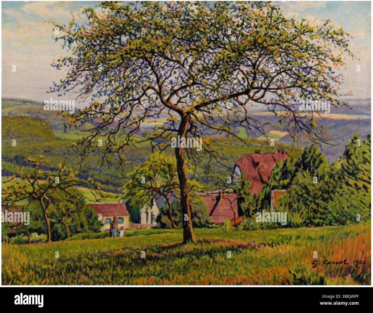 Dans balade dans le Verger (1926), Gustave Cariot dépeint une promenade paisible dans un verger. La scène est remplie de verdure luxuriante et d’arbres fruitiers, reflétant l’affinité de Cariot pour dépeindre le calme et les décors naturels avec un accent sur la couleur et la texture. Banque D'Images