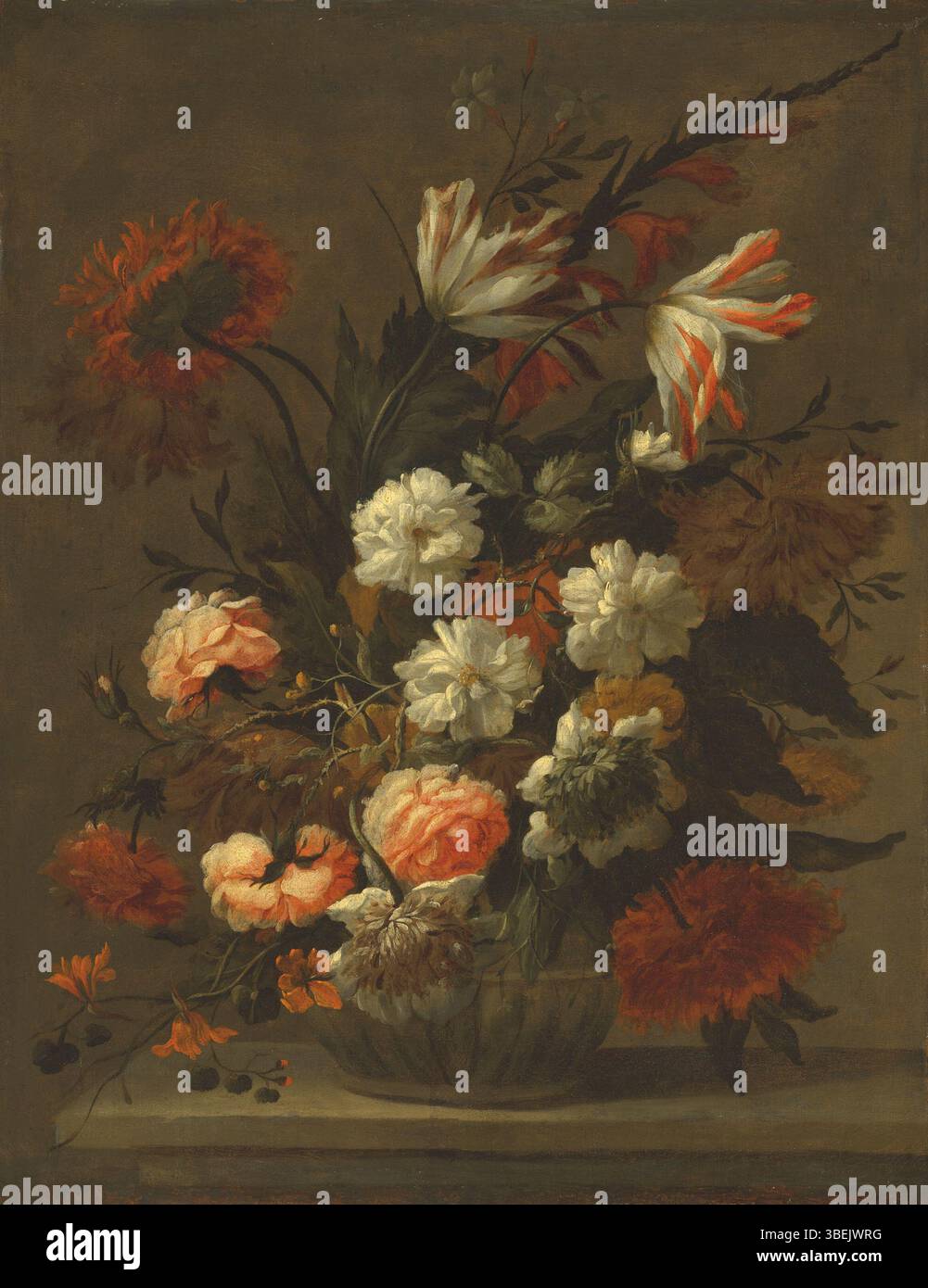 Cette nature morte du XVIIIe siècle, précédemment attribuée au cercle de Jean-Baptiste Monnoyer, représente des fleurs dans un vase en pierre. Il a ensuite été crédité à Michel Nicolas Micheux après une enquête plus approfondie sur ses contributions artistiques. Banque D'Images