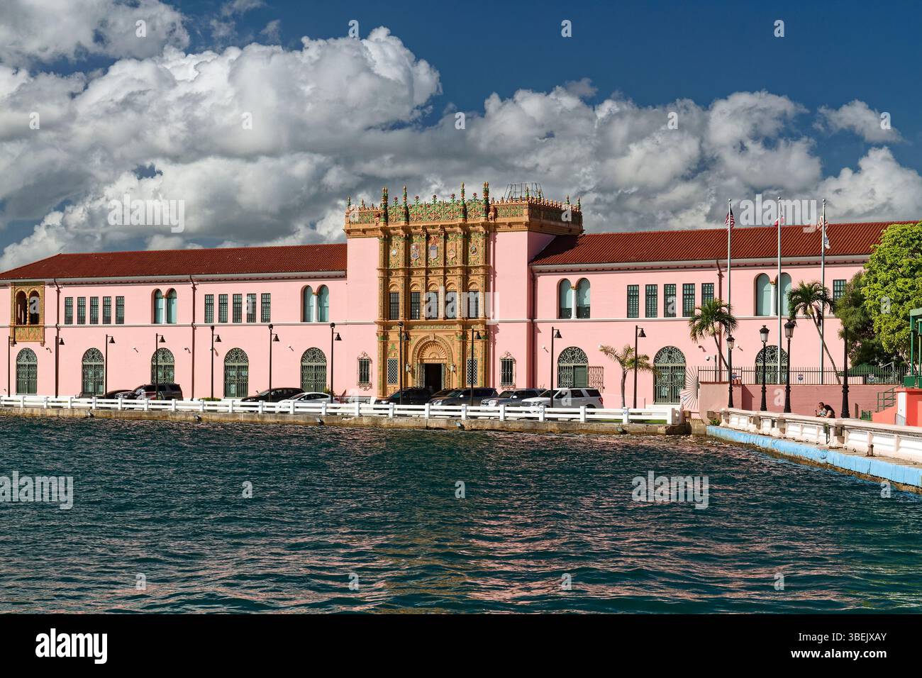 U.S. Customs House, attrayant, vieux bâtiment, architecture de renouveau colonial espagnol, rose, centre décoré en terre cuite, eau, historique national des États-Unis Banque D'Images