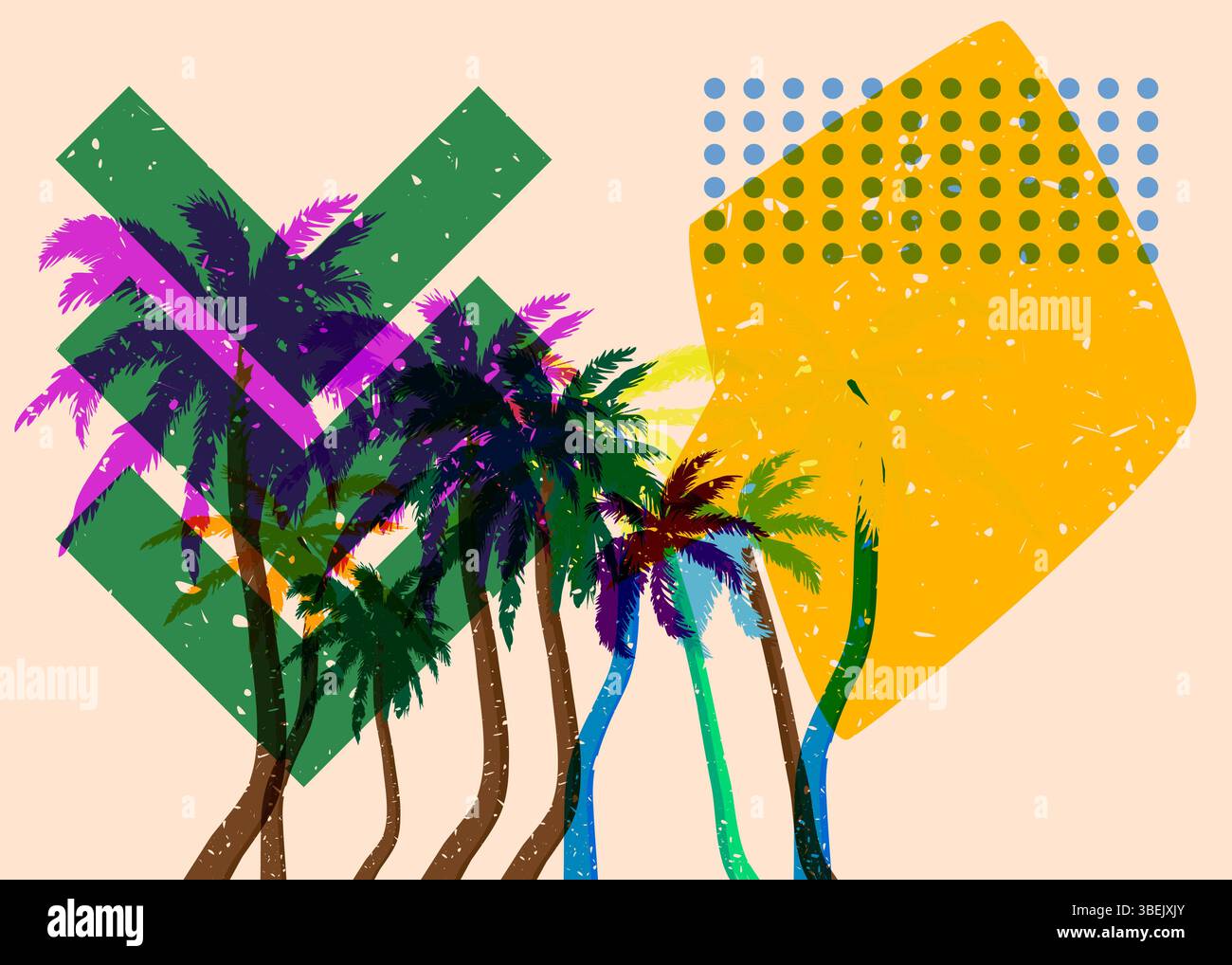 Risograph Palm Tree avec bulle de parole avec des formes géométriques. Les objets dans le graphique riso à la mode impriment la conception de style de texture avec des éléments géométriques. Illustration de Vecteur