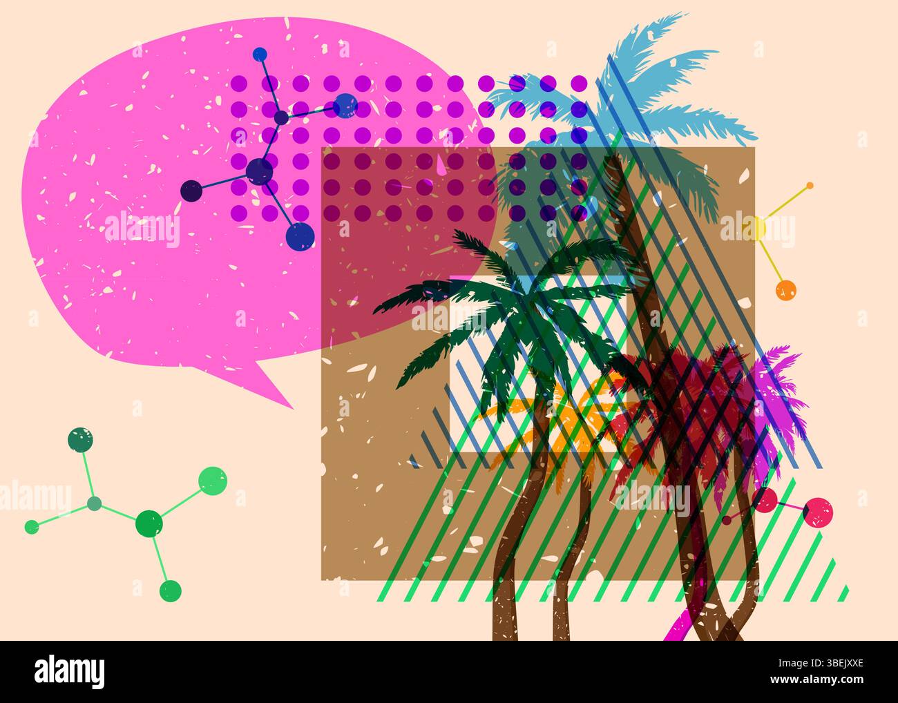 Risograph Palm Tree avec bulle de parole avec des formes géométriques. Les objets dans le graphique riso à la mode impriment la conception de style de texture avec des éléments géométriques. Illustration de Vecteur