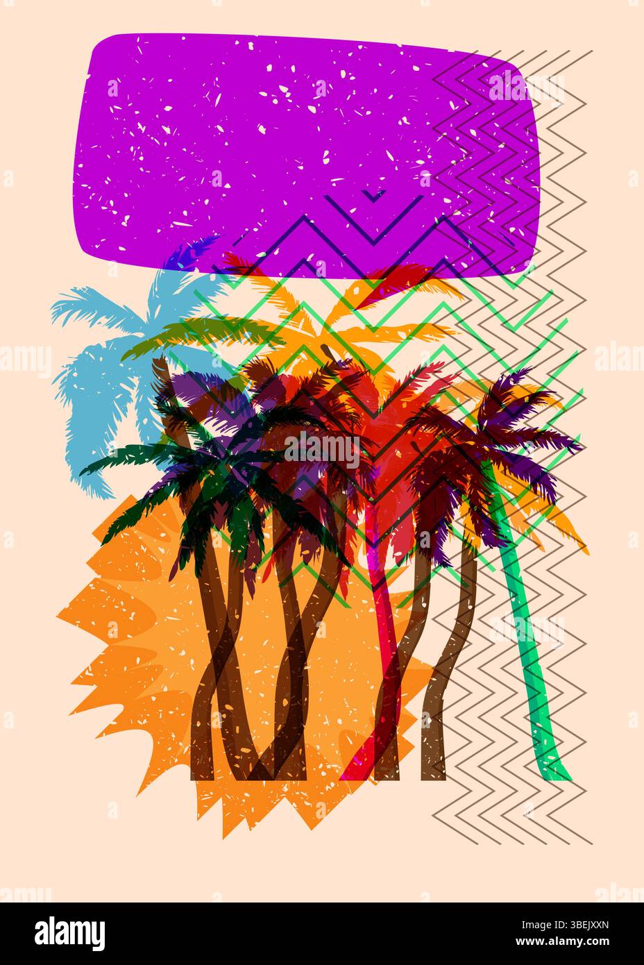 Risograph Palm Tree avec bulle de parole avec des formes géométriques. Les objets dans le graphique riso à la mode impriment la conception de style de texture avec des éléments géométriques. Illustration de Vecteur