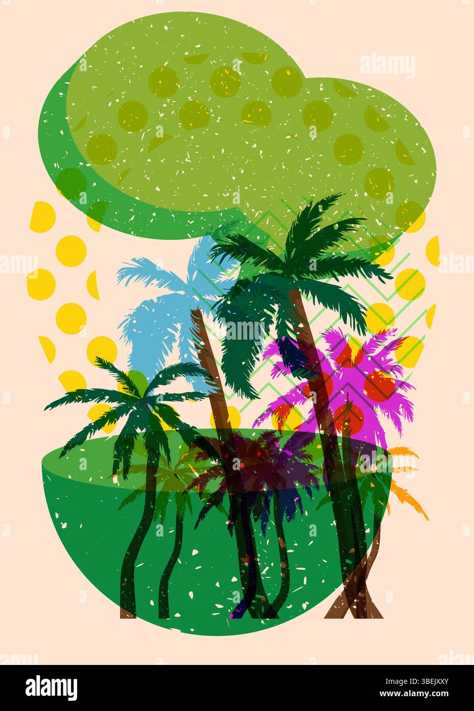 Risograph Palm Tree avec bulle de parole avec des formes géométriques. Les objets dans le graphique riso à la mode impriment la conception de style de texture avec des éléments géométriques. Illustration de Vecteur