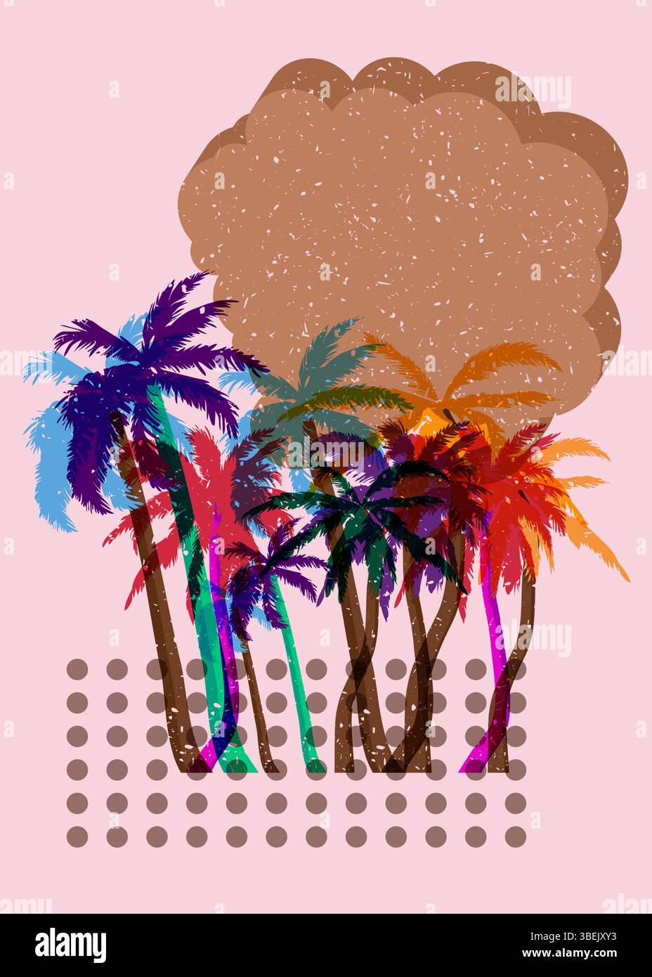 Risograph Palm Tree avec bulle de parole avec des formes géométriques. Les objets dans le graphique riso à la mode impriment la conception de style de texture avec des éléments géométriques. Illustration de Vecteur
