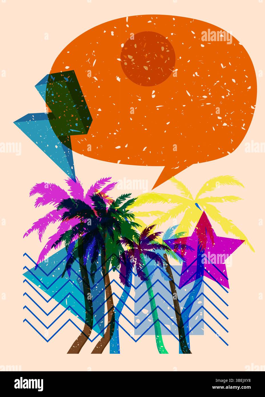 Risograph Palm Tree avec bulle de parole avec des formes géométriques. Les objets dans le graphique riso à la mode impriment la conception de style de texture avec des éléments géométriques. Illustration de Vecteur