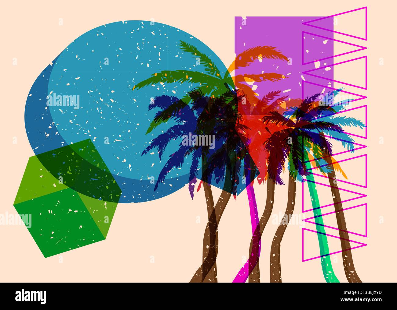 Risograph Palm Tree avec bulle de parole avec des formes géométriques. Les objets dans le graphique riso à la mode impriment la conception de style de texture avec des éléments géométriques. Illustration de Vecteur