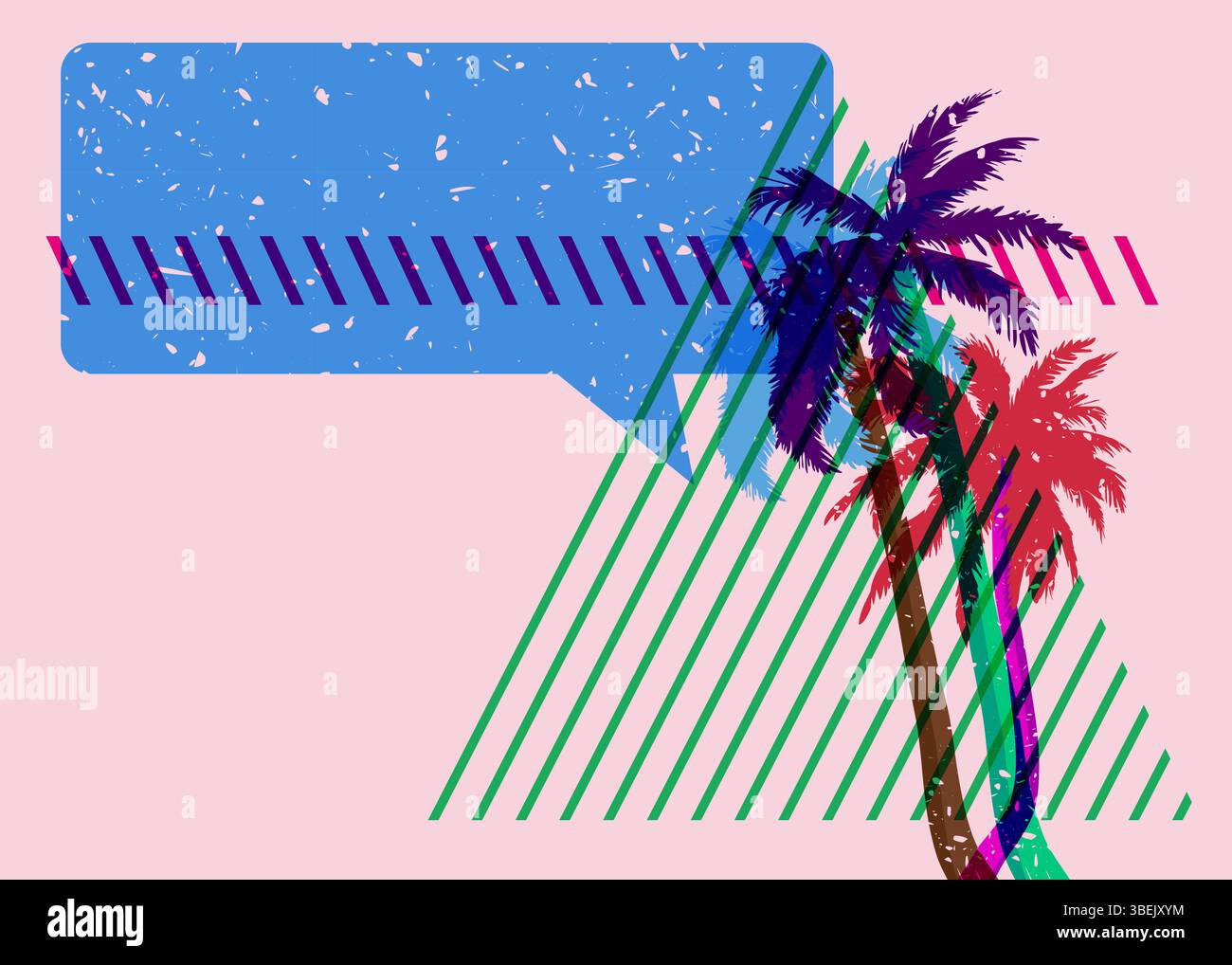 Risograph Palm Tree avec bulle de parole avec des formes géométriques. Les objets dans le graphique riso à la mode impriment la conception de style de texture avec des éléments géométriques. Illustration de Vecteur