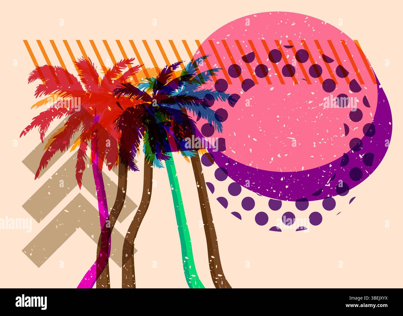 Risograph Palm Tree avec bulle de parole avec des formes géométriques. Les objets dans le graphique riso à la mode impriment la conception de style de texture avec des éléments géométriques. Illustration de Vecteur