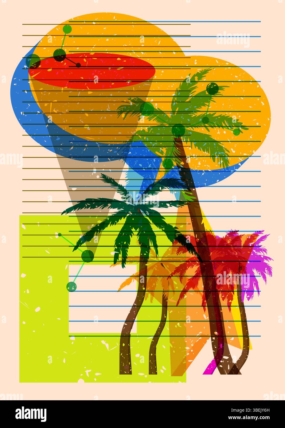 Risograph Palm Tree avec bulle de parole avec des formes géométriques. Les objets dans le graphique riso à la mode impriment la conception de style de texture avec des éléments géométriques. Illustration de Vecteur