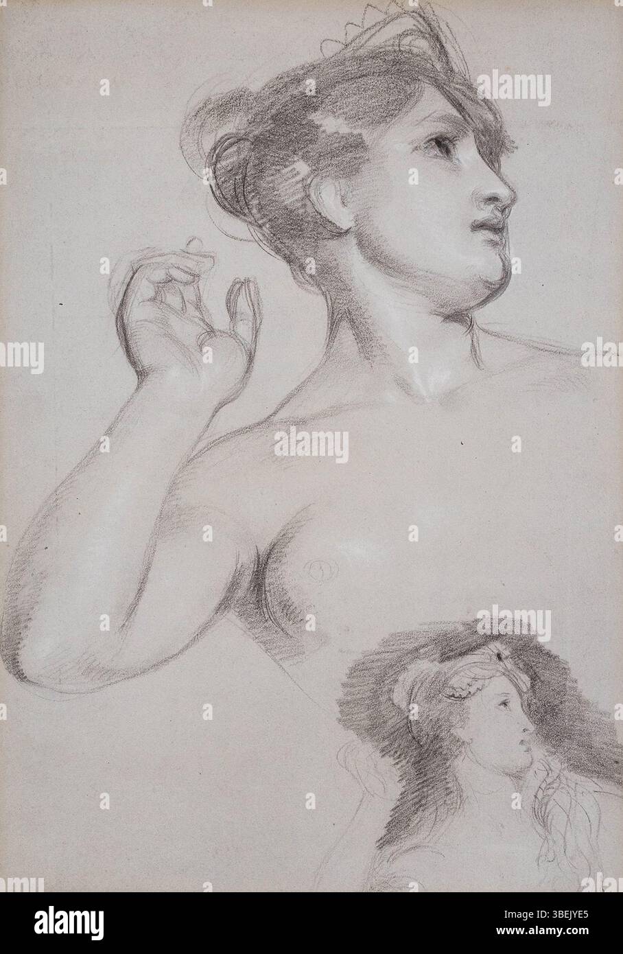 Ce dessin vers 1820 montre un modèle tenant une pose, créé à la craie noire sur papier bleu, rehaussé de blanc. Les dimensions de la pièce sont 12.75x9 pouces. Banque D'Images