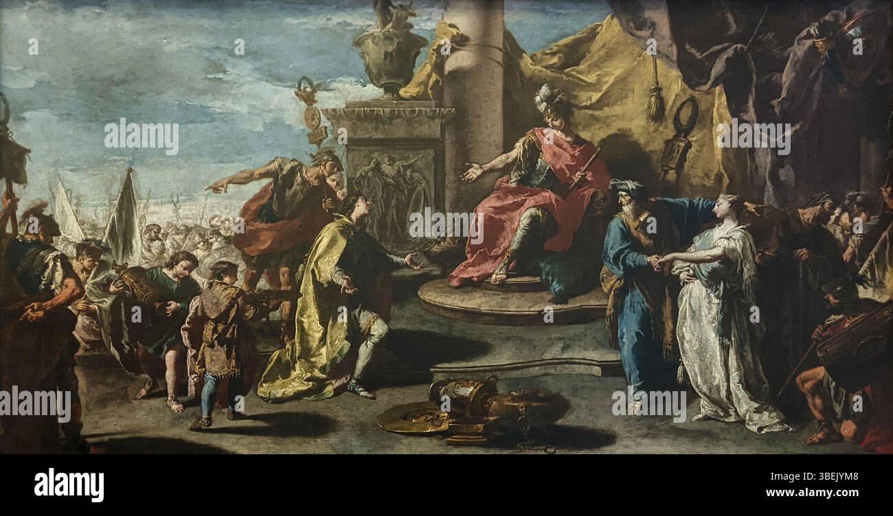 Le tableau de Giovanni Battista Pittoni de 1733, « la continence de Scipion », illustre la retenue du général romain Scipion. Ce sujet classique met l'accent sur la vertu et la force morale, communes dans le baroque compris Banque D'Images
