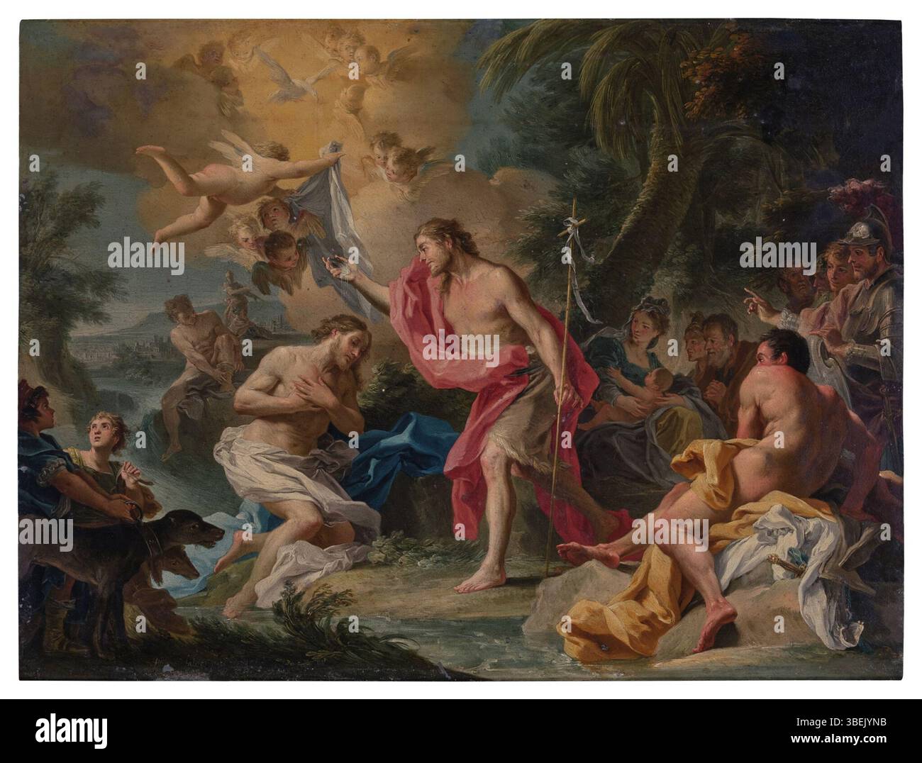 'Baptême du Christ' de Filippo Falciatore est une peinture religieuse du XVIIIe siècle, représentant le moment du baptême du Christ par Jean le Baptiste. L’œuvre met l’accent sur le symbolisme spirituel et l’importance de cet événement biblique dans la tradition chrétienne. Banque D'Images