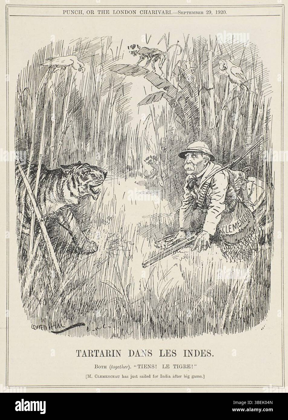 Cette caricature de Georges Clemenceau de Leonard Raven-Hill, intitulée 'Tartarin dans les Indes', a été publiée dans le numéro du 29 septembre 1920 de Punch. L'œuvre dépeint Clemenceau avec humour dans une lumière satirique. Banque D'Images
