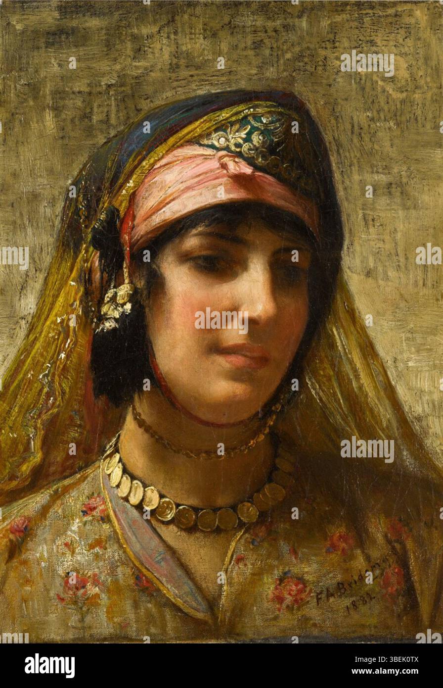 Portrait de Frederick Arthur Bridgman, représentant une femme drapée dans un voile. L’œuvre reflète l’intérêt de Bridgman pour l’orientalisme et dépeint le sujet dans un état serein et contemplatif. L'attention de l'artiste aux détails du tissu et de la teinte de la peau améliore le sens du réalisme et de la profondeur dans la peinture. Banque D'Images