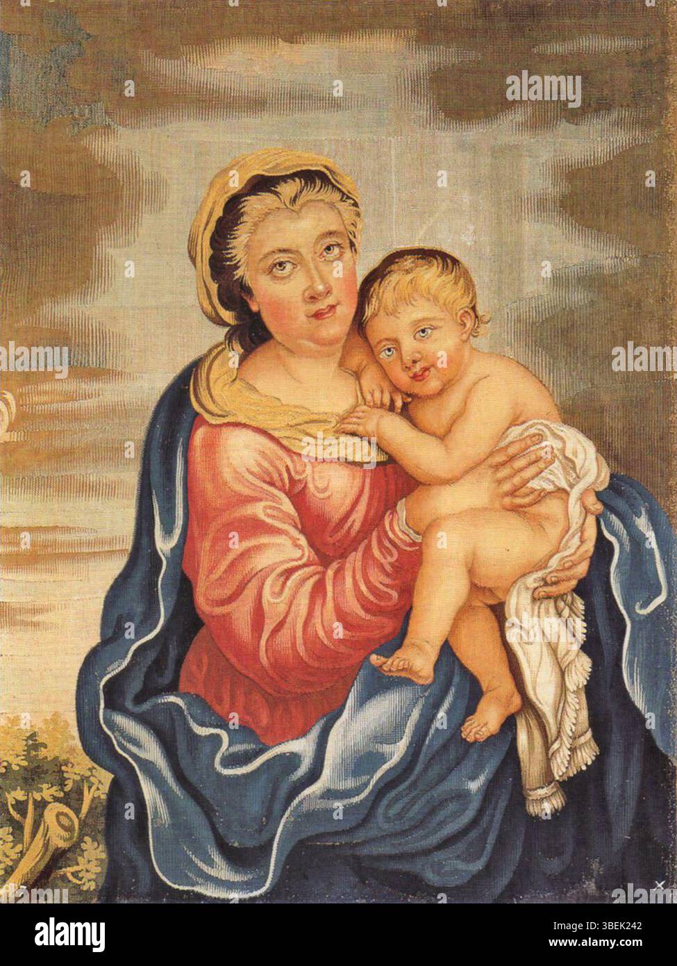 Cette tapisserie, créée en 1721 par Jacob Vandergoten l'ancien, représente Isabel de Farnesio comme la Vierge de l'abandonné. La pièce met en valeur le patronage royal et l'iconographie religieuse en espagnol du XVIIIe siècle Banque D'Images