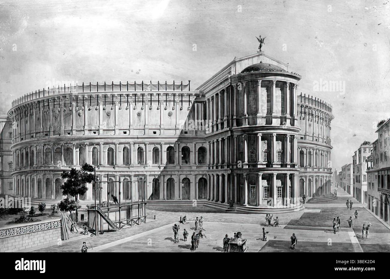Cette illustration de 1911 représente le Théâtre de Pompée, construit à l'origine sur le Campus Martius à Rome. L'œuvre représente le site historique qui fut l'un des premiers théâtres permanents de Rome, important pour son importance architecturale et culturelle. Banque D'Images
